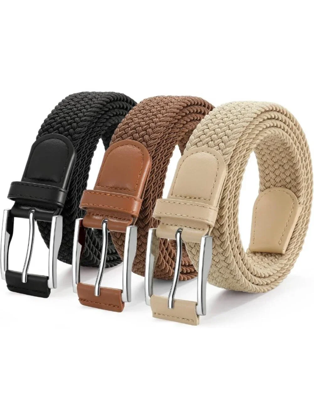 3-Pack Stretchy Elastic Golf Belts for Men - Casual Woven Braided Belts for